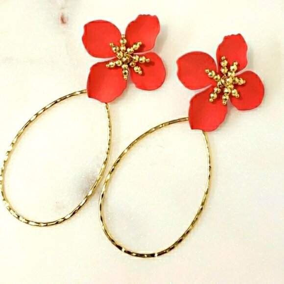 New Red Floral Drop Earrings in Gold - Picture 2 of 4